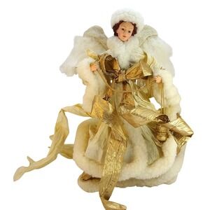 Elegant Angel Tree Topper Fur Trimmed Lantern Gold Bow Christmas Decor